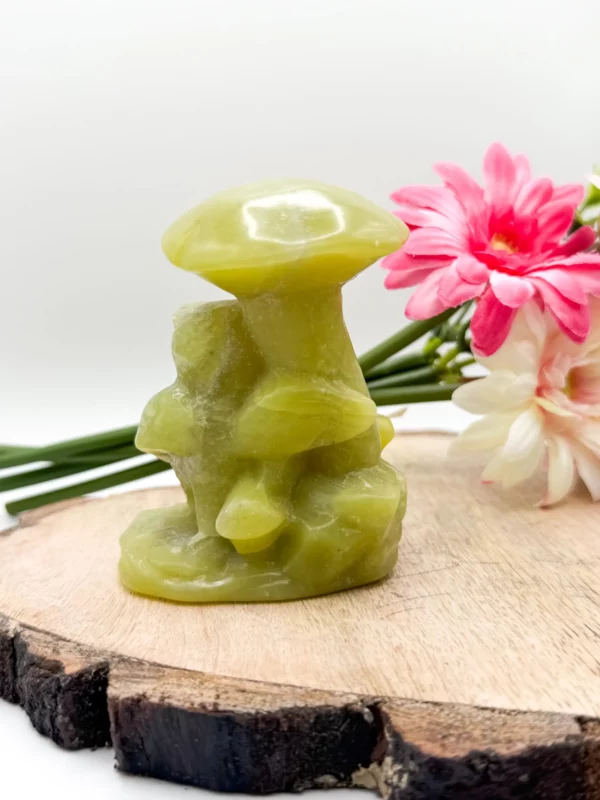 80mm Jade Mushroom carving With an Owl, Jade Owl Carving, Yellow Jade, Green Jade - Image 2