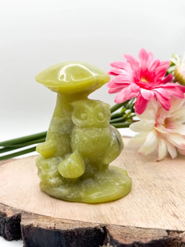 80mm Jade Mushroom carving With an Owl, Jade Owl Carving, Yellow Jade, Green Jade
