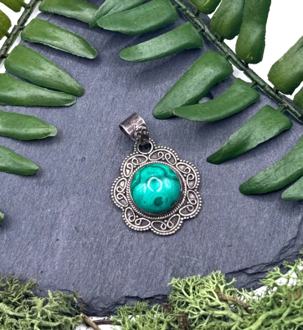 925 Silver Malachite Pendant, Malachite Necklace, Handmade Malachite Pendant, Antique Silver Malachite #2