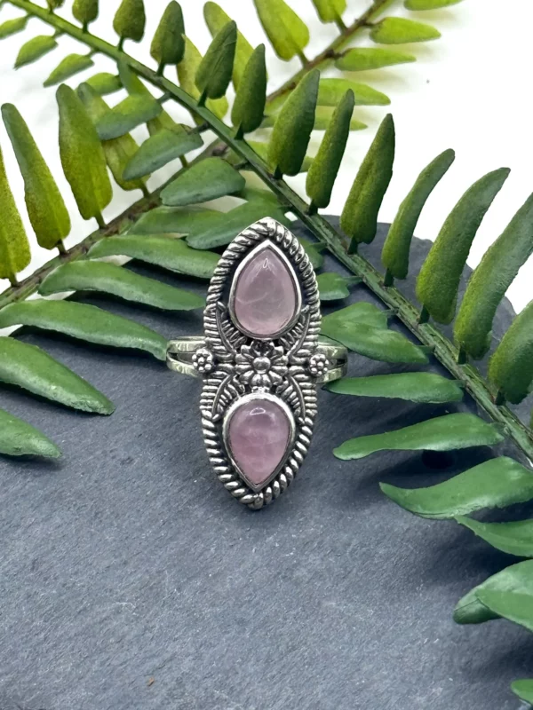 Double Rose Quartz Ring, 925 Silver, Size R
