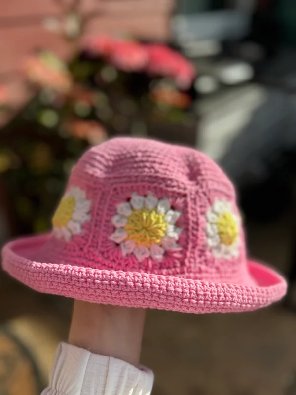 Pink Hand-knitted Crochet Bucket Hat with Flower Patterns, Sun Hat, Suncap - Image 2